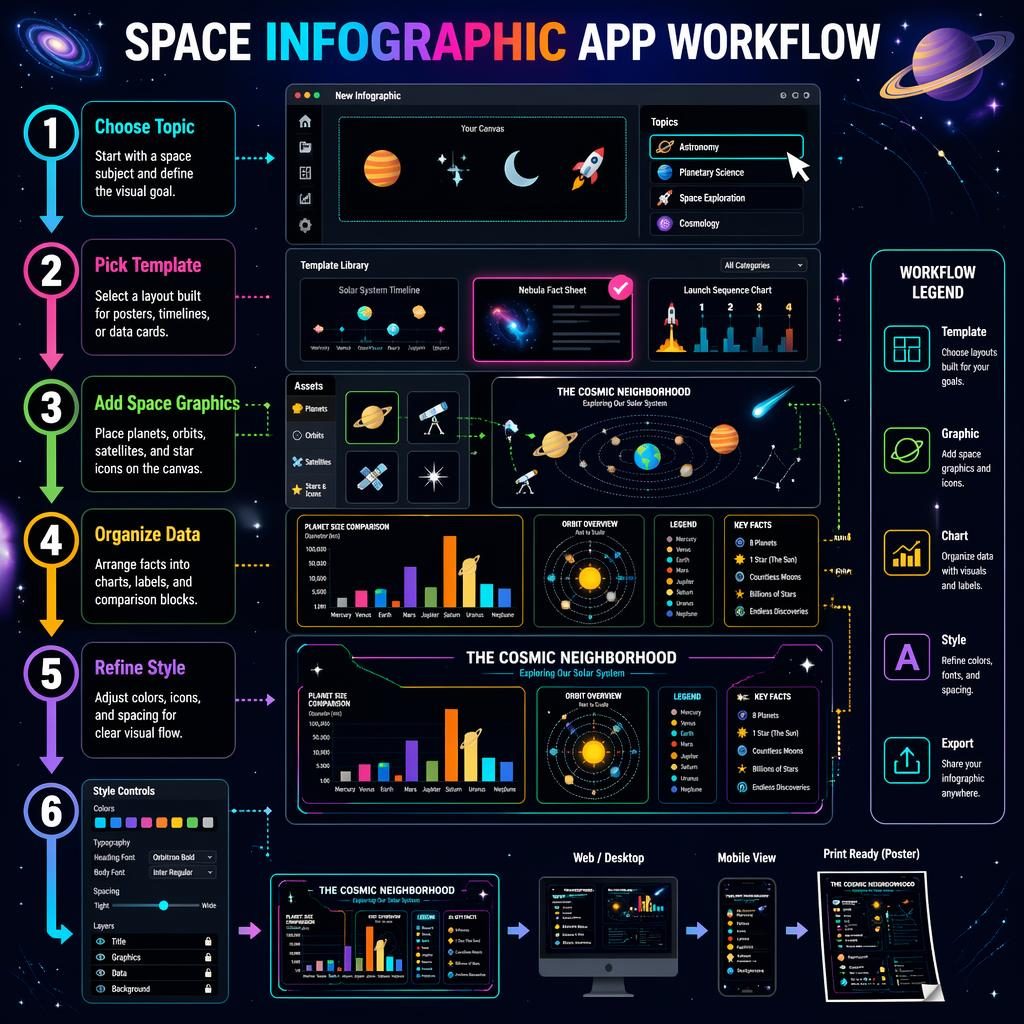 Portrait space-themed workflow poster showing 6 numbered venngage app design steps with arrows, UI panels, charts, and export screens.