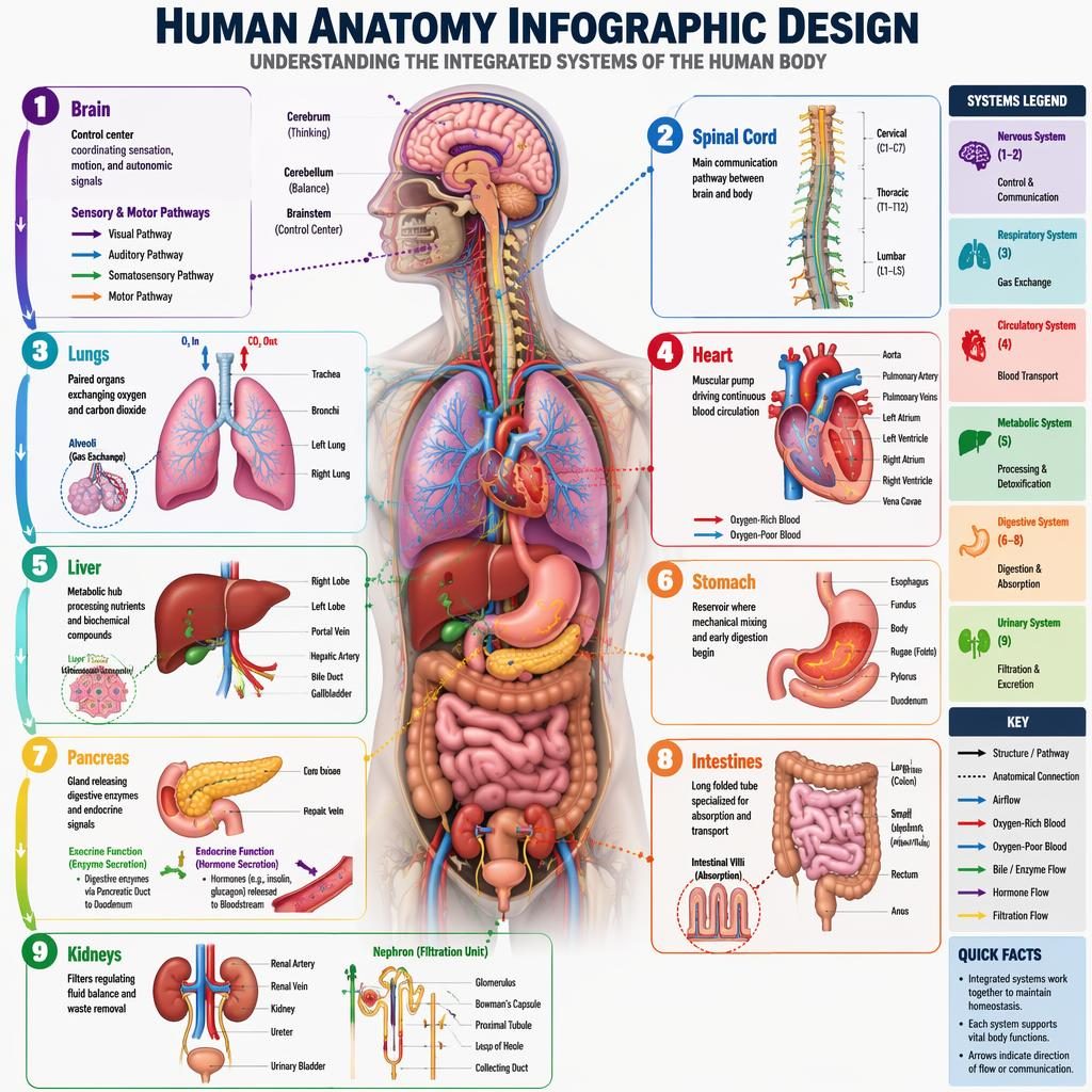 Porträt-Infografik zur menschlichen Anatomie mit 9 nummerierten Organen, Pfeilen, Legende und farbigen Schnittdiagrammen.