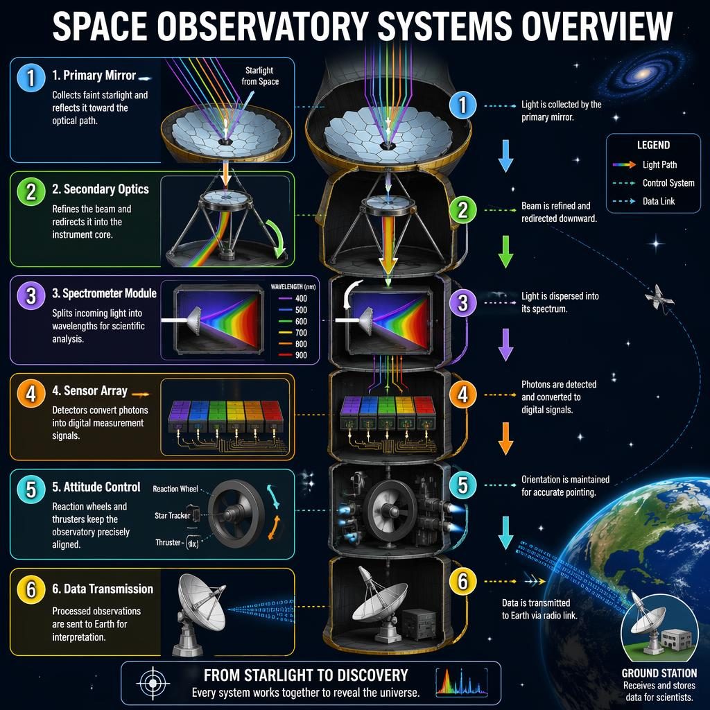 Portrait technical infographic of a space observatory cutaway with 6 labeled systems, rainbow beams, arrows, legend, and Earth link.