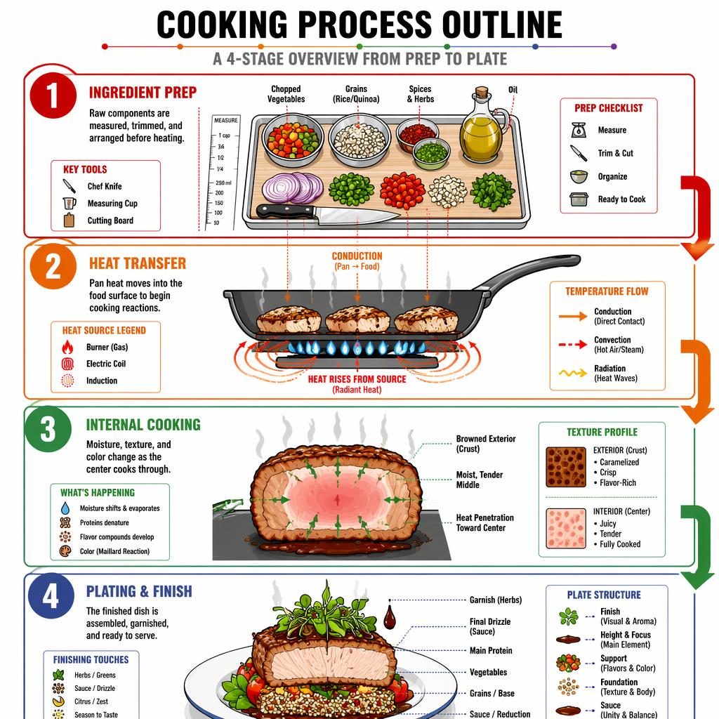 Portrait cooking infographic with 4 numbered stages: ingredient prep, heat transfer, internal cooking, and plating.