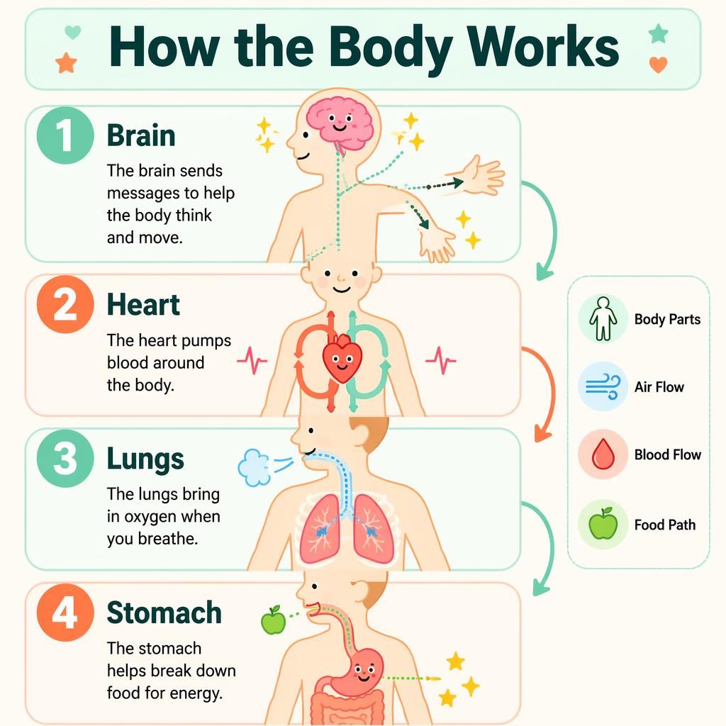 Portrait kids anatomy infographic with 4 numbered sections: brain, heart, lungs, and stomach, plus arrows and legend.