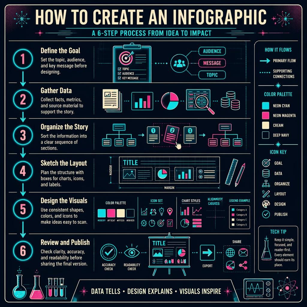 Portrait infographic showing 6 numbered stages to create infographic with arrows, charts, wireframes, and neon cyan-magenta visuals.