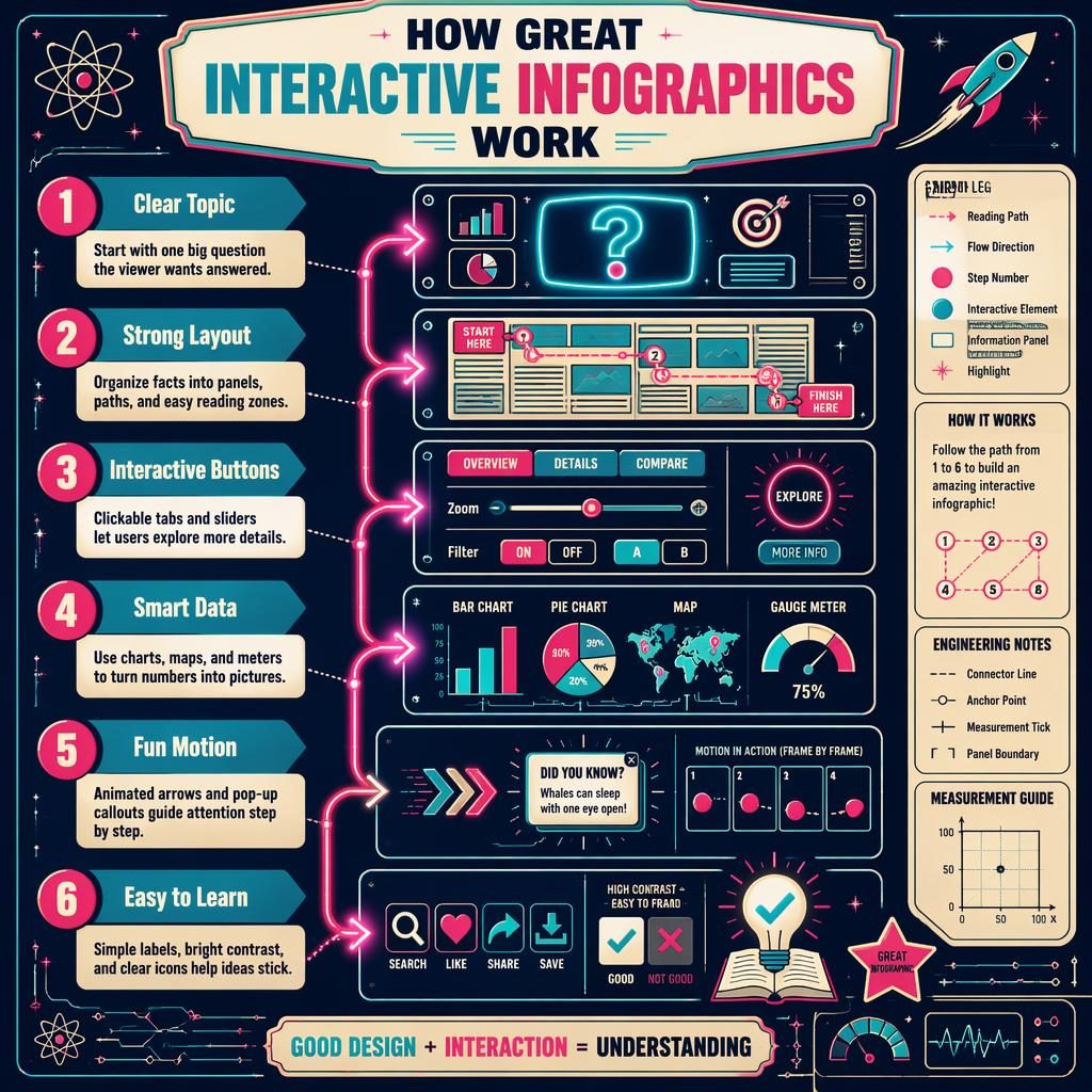 Portrait kids infographic poster with 6 numbered panels, arrows, charts, buttons, and retro neon science-tech visuals.