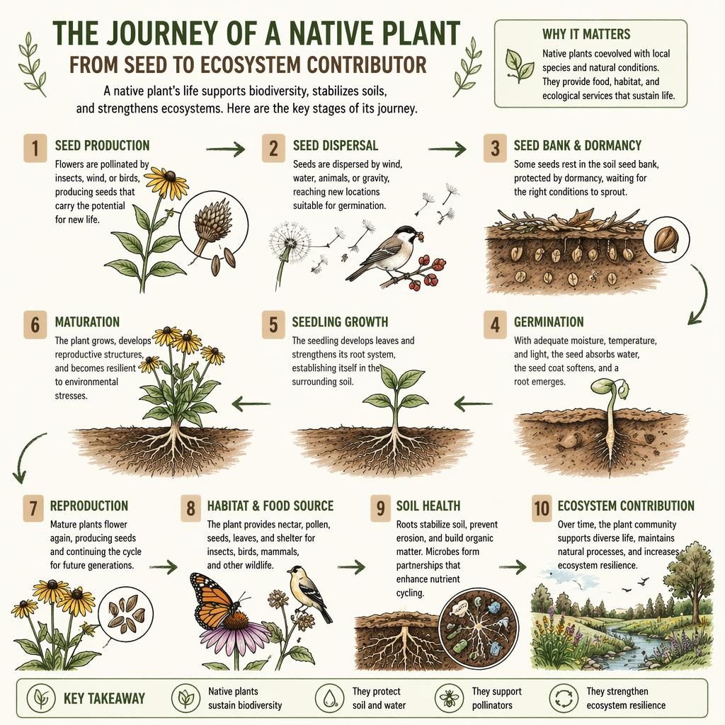 Detaillierte Biologie-Infografik im Whiteboard-Stil mit 8–10 nummerierten Schritten, Pfeilen und englischen Sans-Serif-Labels.