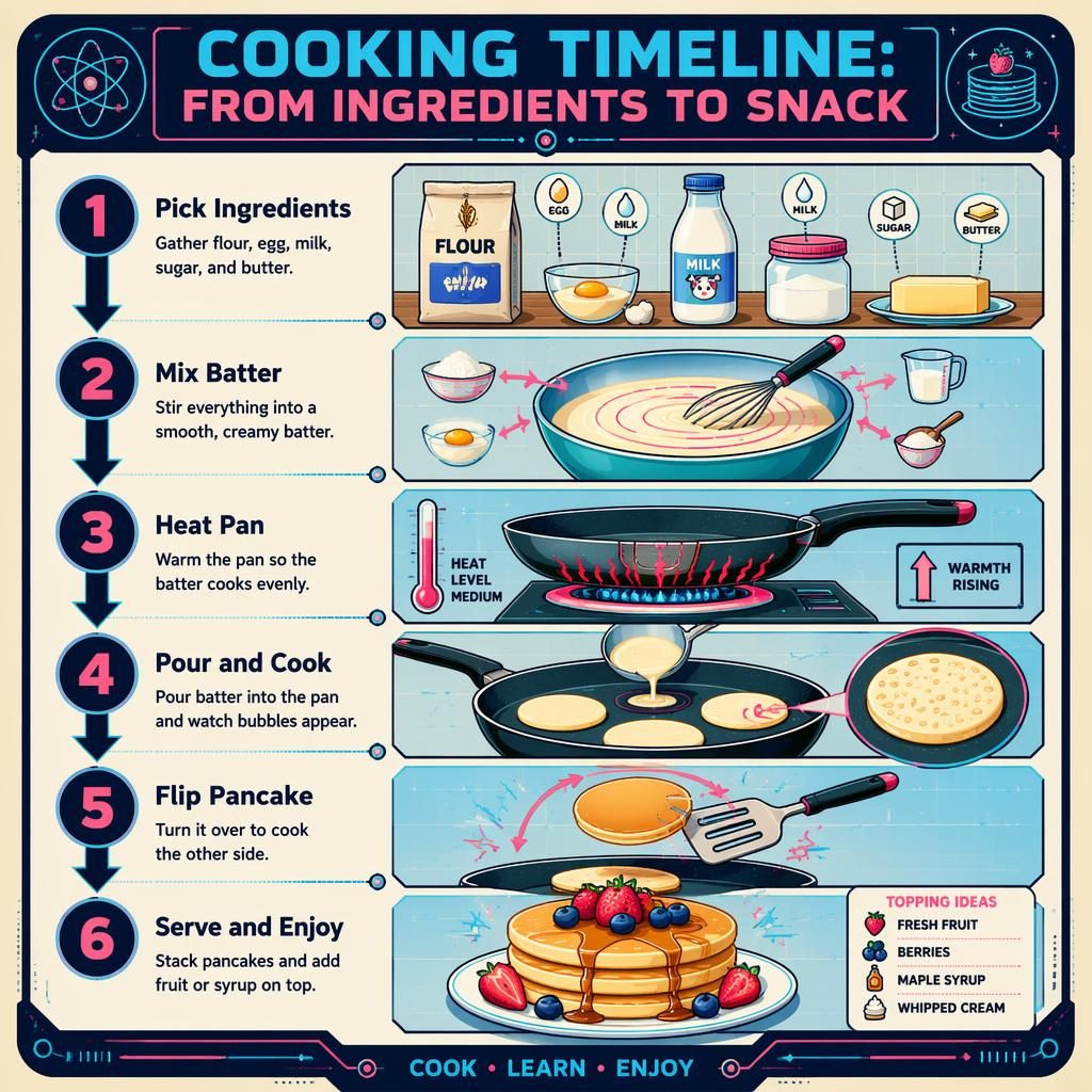 Póster infográfico vertical con 6 pasos para hacer panqueques, flechas, números, tipografía clara y estilo retro futurista.