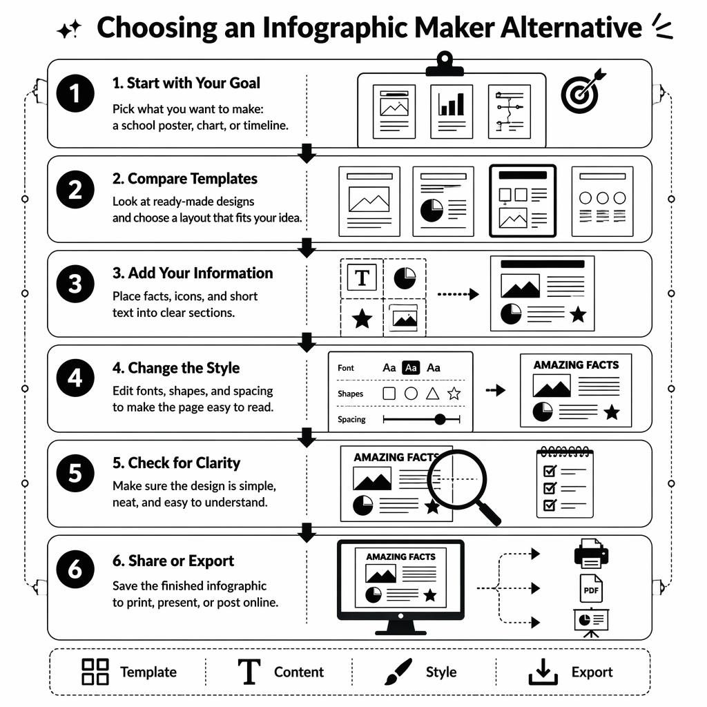Black and white portrait infographic with 6 numbered steps comparing a venngage alternative for kids.