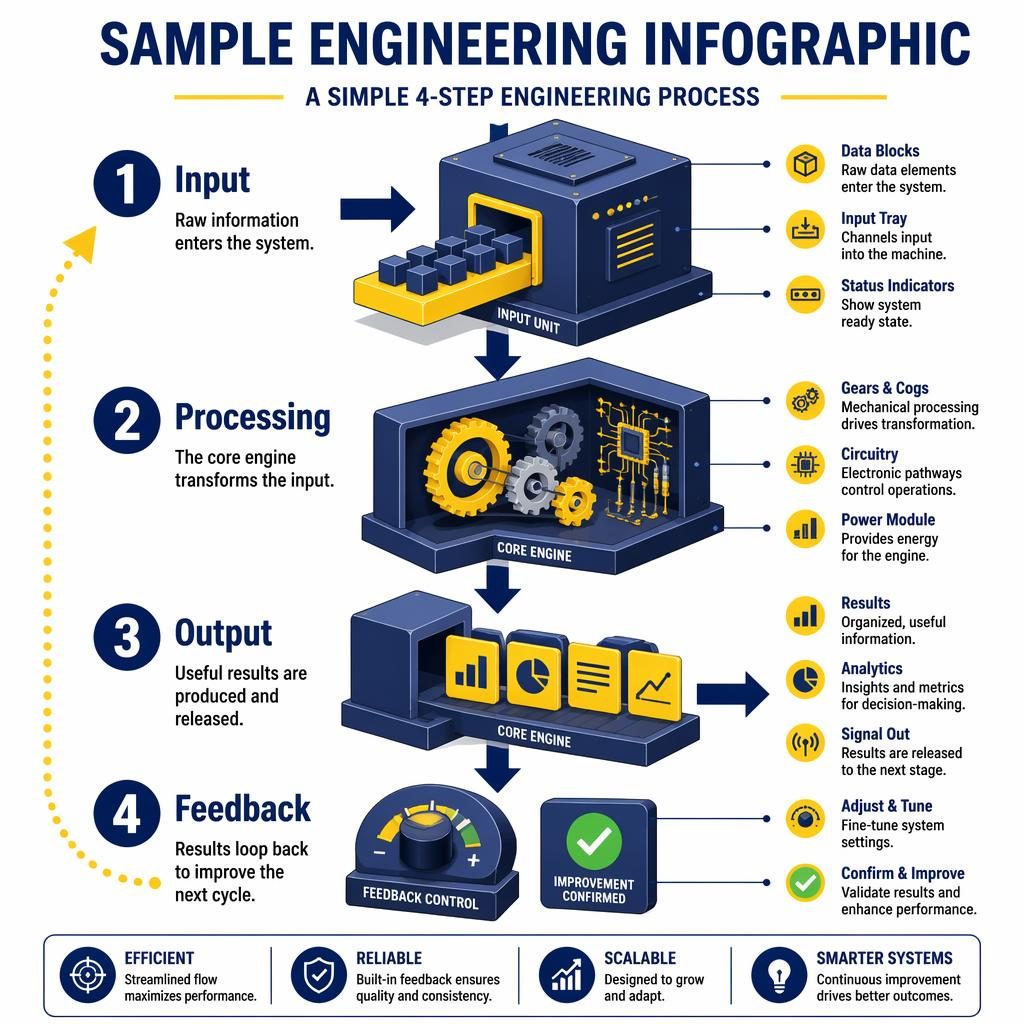 Portrait sample infographic poster showing 4-step engineering flow with isometric modules, arrows, yellow and navy palette.