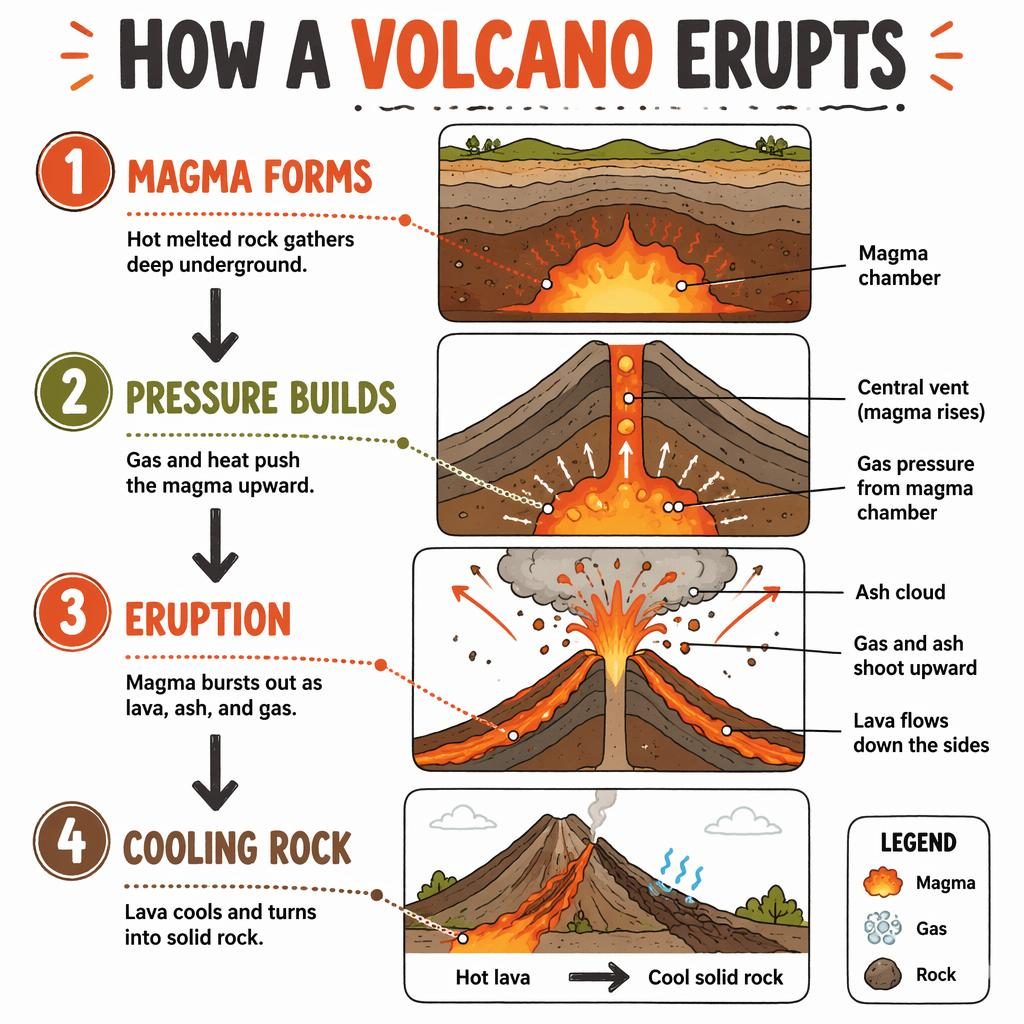 Póster infográfico infantil en vertical con 4 pasos sobre cómo erupciona un volcán, flechas, magma, gas y lava.