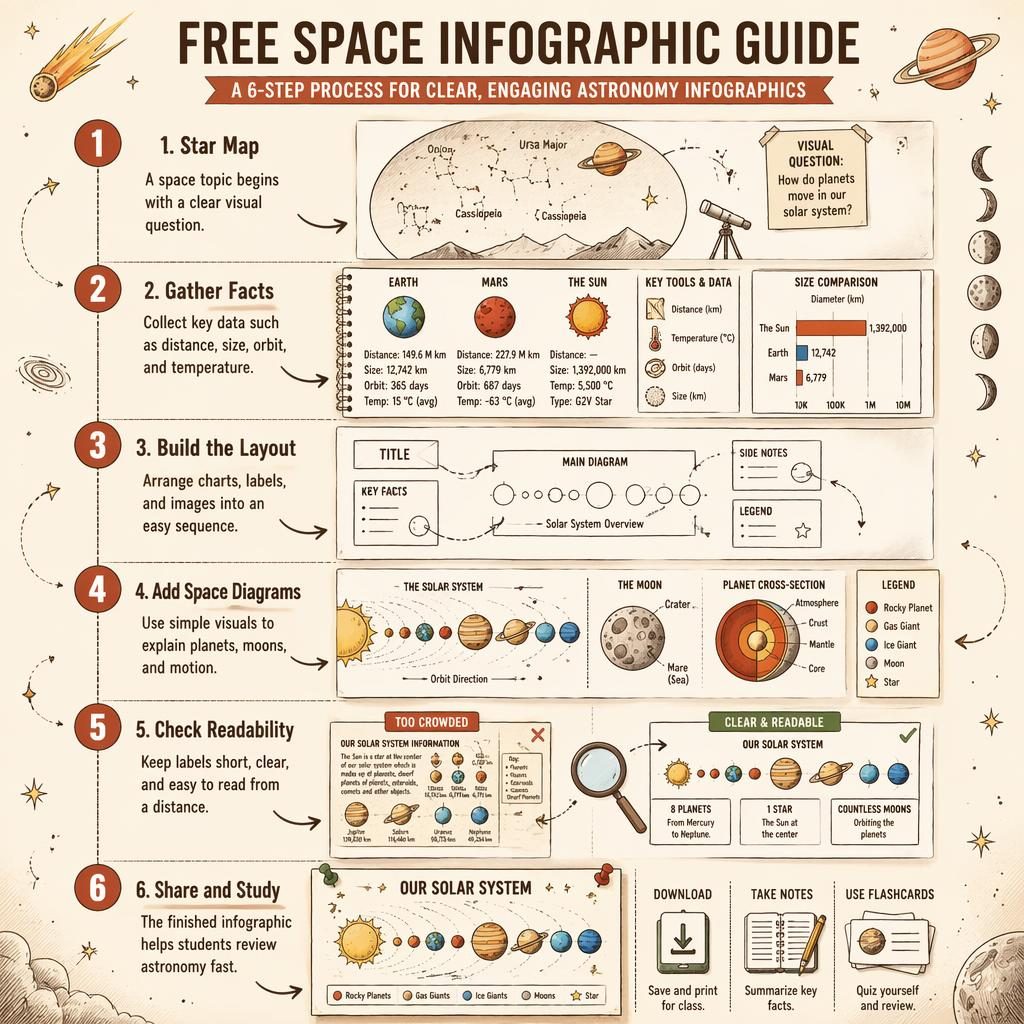 Portrait space infographic poster with 6 numbered astronomy steps, arrows, diagrams, charts, and warm sketch-style labels.