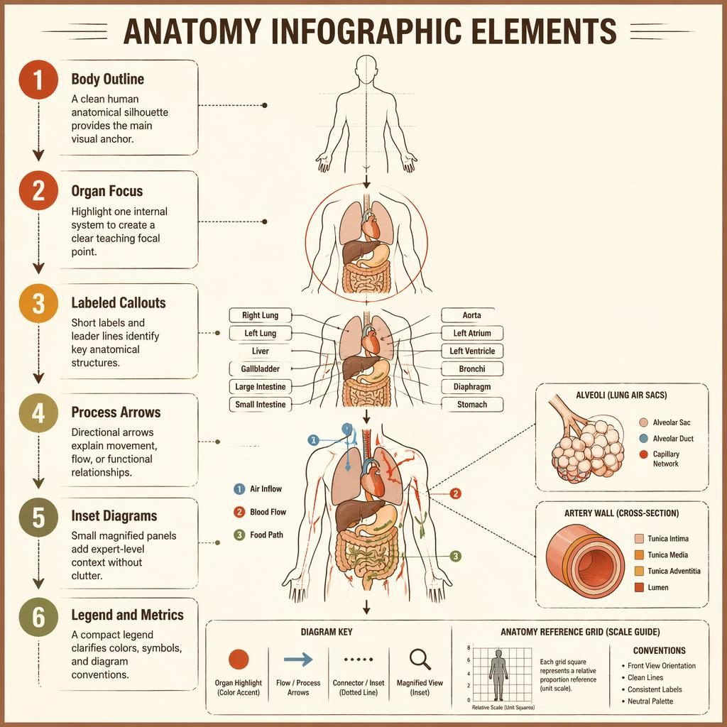 Portrait anatomy infographic poster with 6 numbered sections, organ callouts, arrows, inset diagrams, and legend.