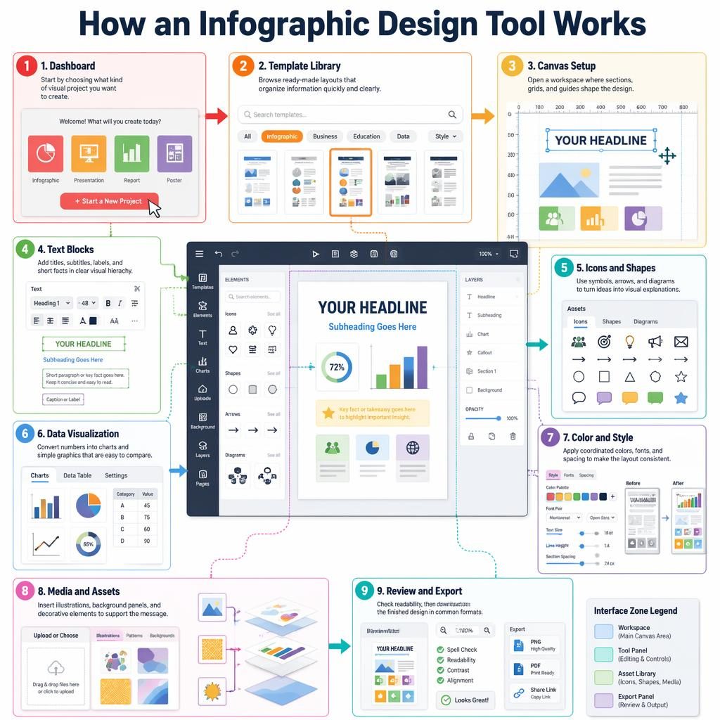 Póster infográfico vertical con 9 pasos numerados de una herramienta piktochart y diagrama técnico de interfaz.