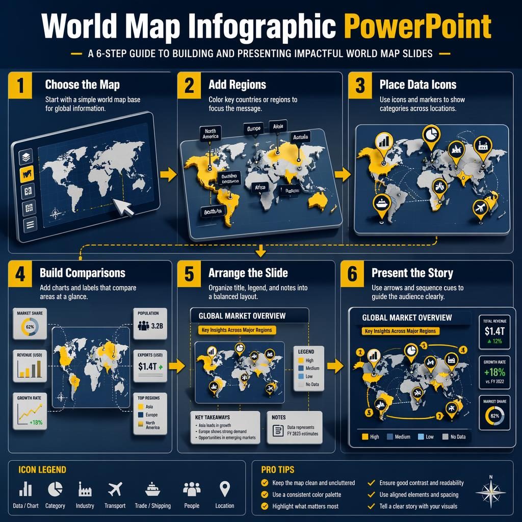 Isometric 6-step world map infographic PowerPoint poster in yellow and navy with charts, icons, arrows, labels, and slide layout panels.