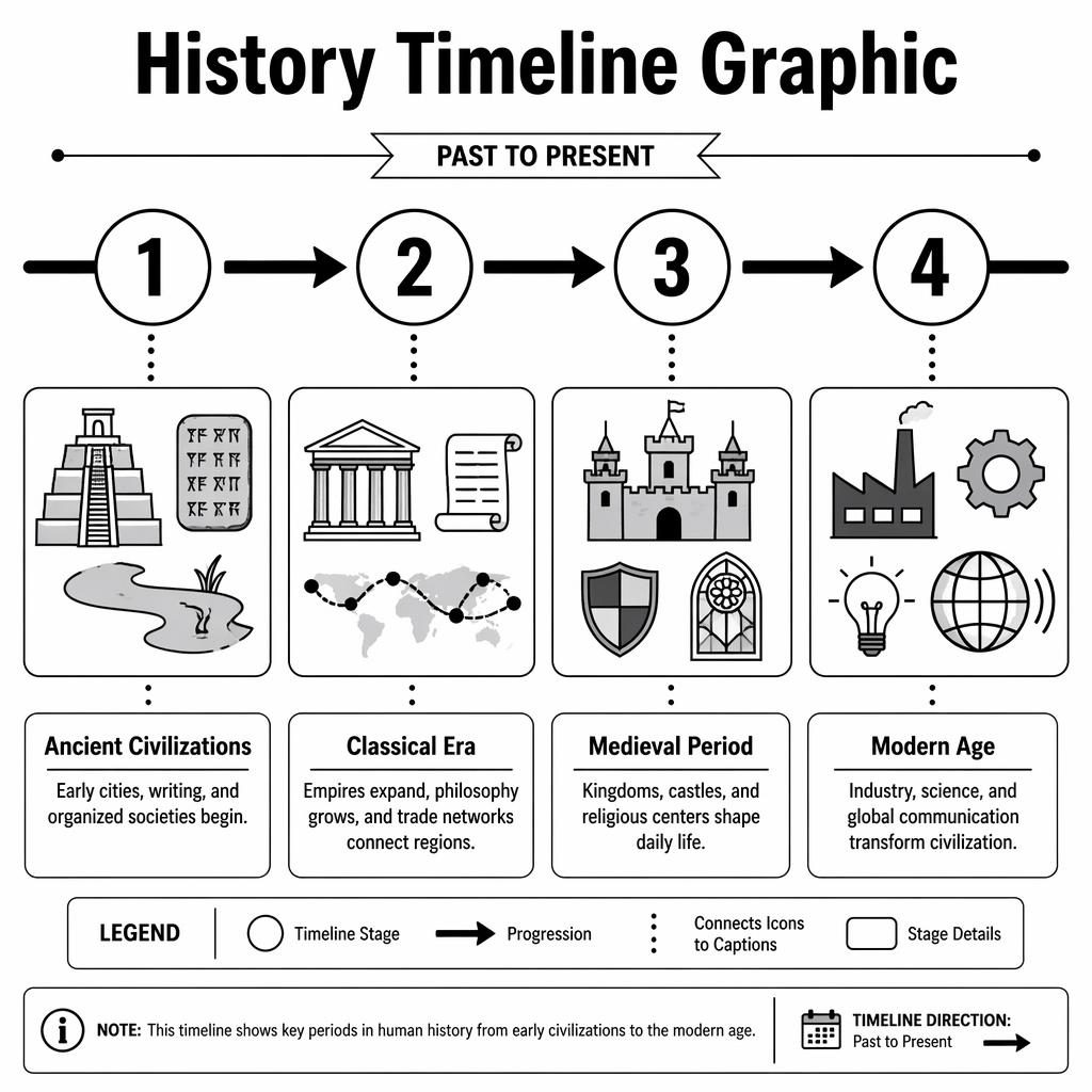 Black and white landscape history timeline infographic with 4 numbered stages, icons, arrows, captions, and readable labels.