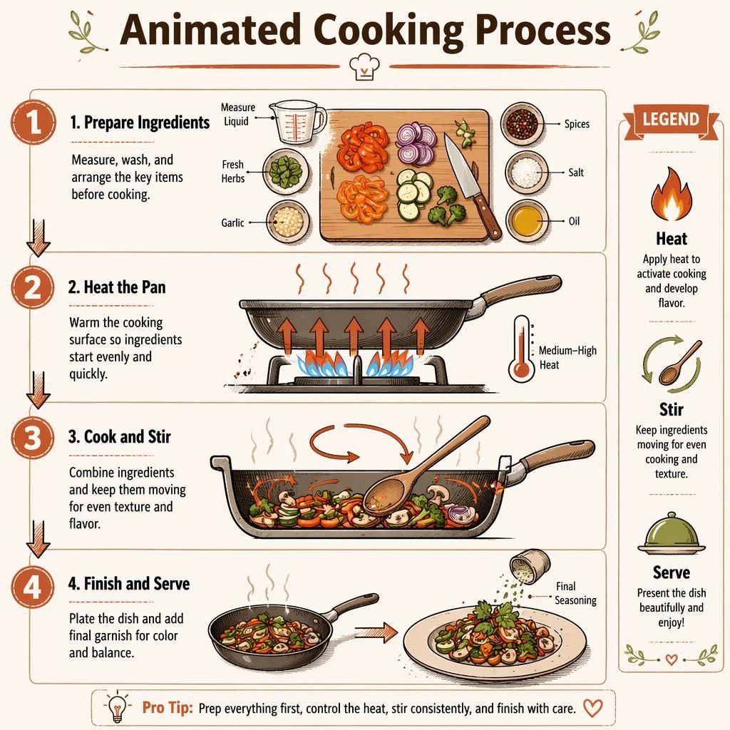 Póster infográfico vertical con 4 pasos de cocina, flechas, leyenda lateral y dibujos en tonos tierra estilo pizarra.
