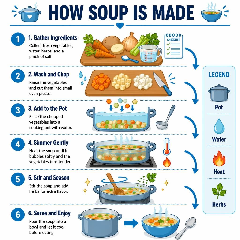 Póster infográfico vertical infantil con 6 pasos para hacer sopa, flechas azules, olla, verduras y leyenda lateral.