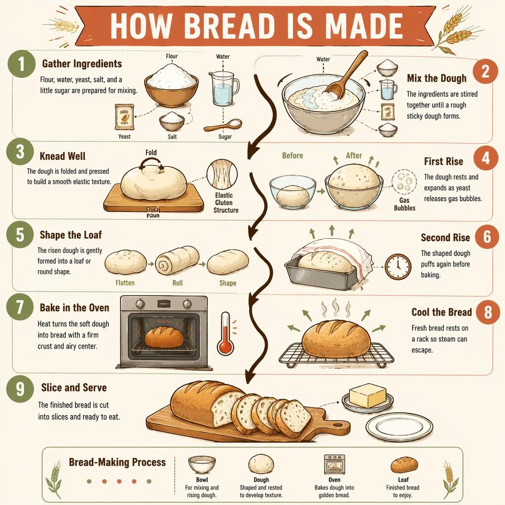 Portrait classroom infographic showing 9 hand-drawn steps of bread making with arrows, labels, oven, dough, loaf, and legend.