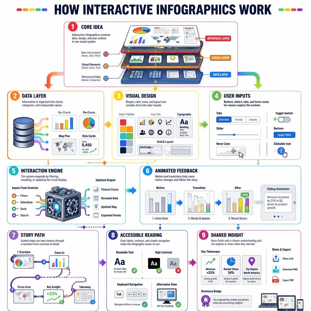 Póster infográfico vertical con 9 pasos numerados, flechas arcoíris, panel central y leyenda de interacción.