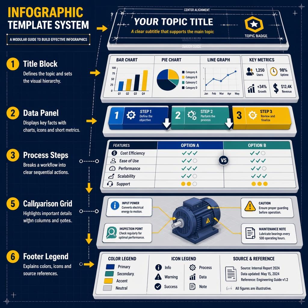 Póster infográfico vertical isométrico 3D con 6 módulos numerados, flechas amarillas, líneas punteadas y estilo técnico.