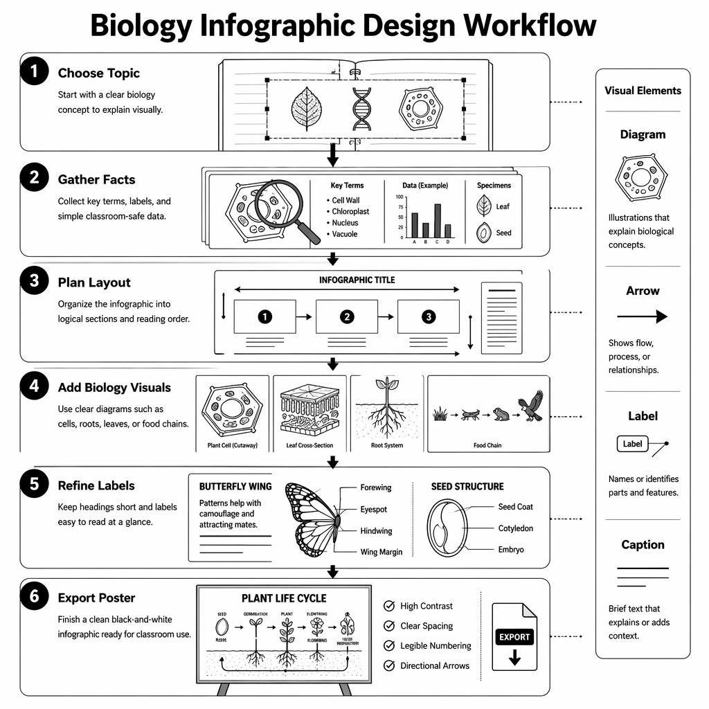 Black-and-white biology workflow infographic poster with 6 numbered steps, arrows, diagrams, and a side legend panel.