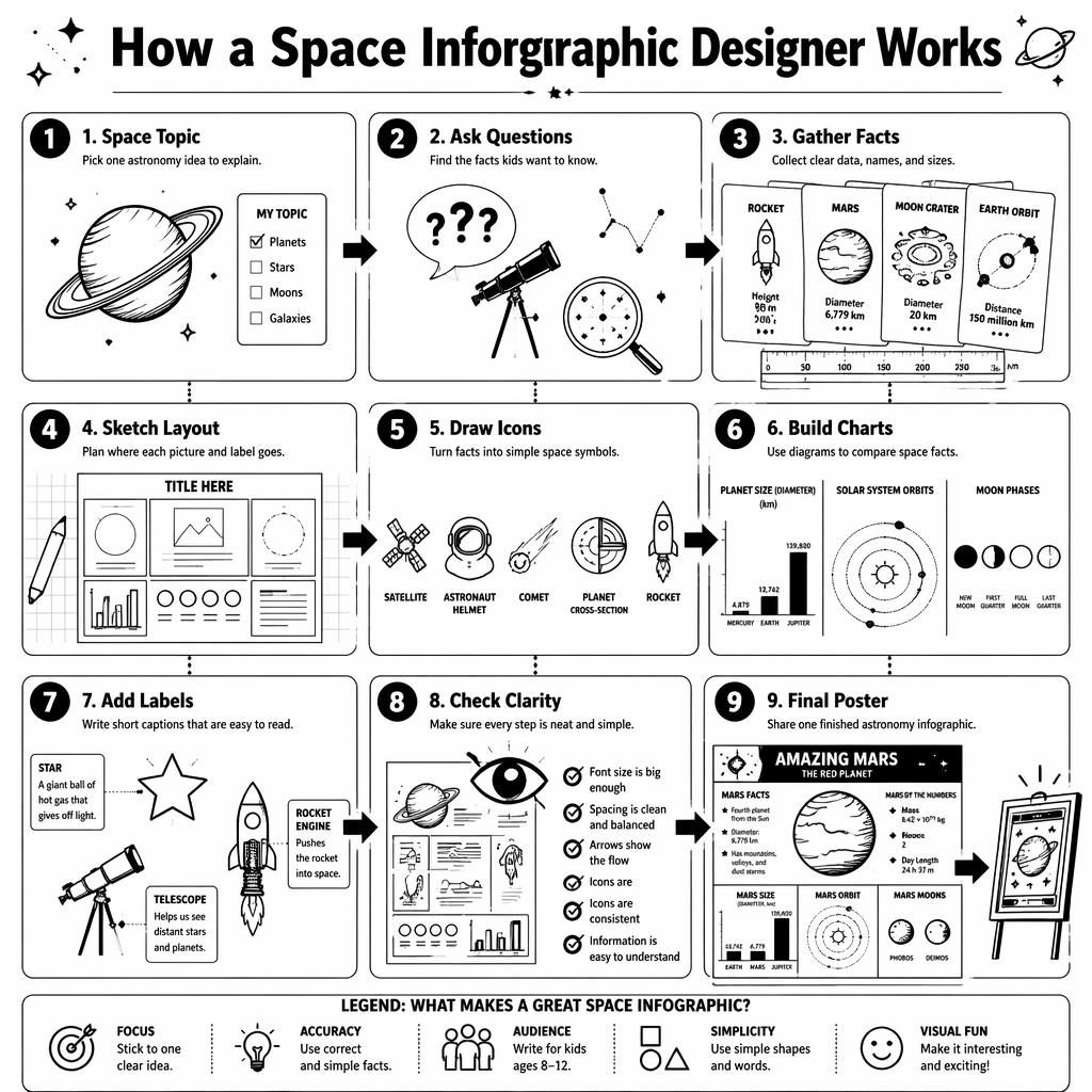 Black and white kids space infographic poster showing a 9-step designer workflow with icons, arrows, charts, and labels.