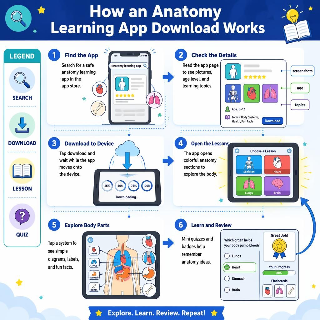 Portrait kids infographic showing 6 steps of an anatomy learning app download with icons, arrows, tablet screens, and quiz panel.