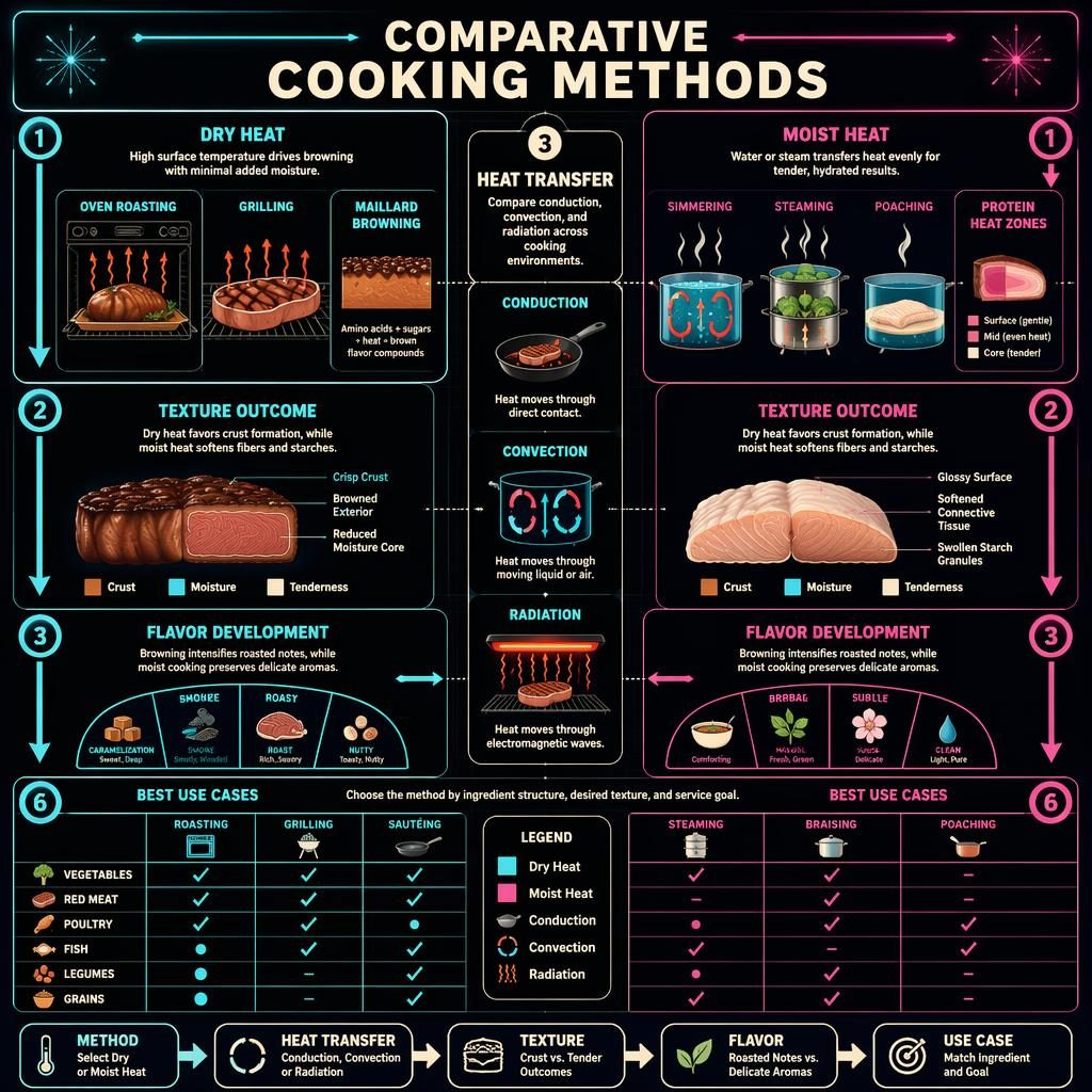 Landscape comparative infographic poster on dry vs moist heat cooking with 6 numbered panels, neon cyan and magenta diagrams.