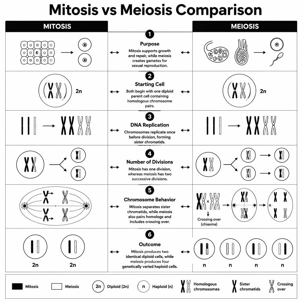 Black and white comparison infographic poster showing mitosis vs meiosis in two columns with 6 numbered stages and diagrams.