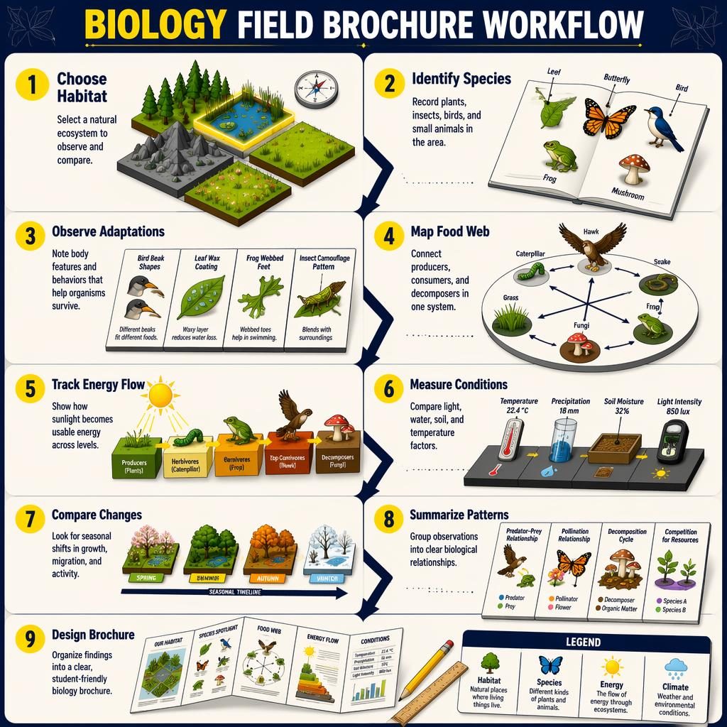 Portrait biology brochure infographic with 9 isometric workflow stages, yellow navy arrows, habitat, species, energy and climate visuals.