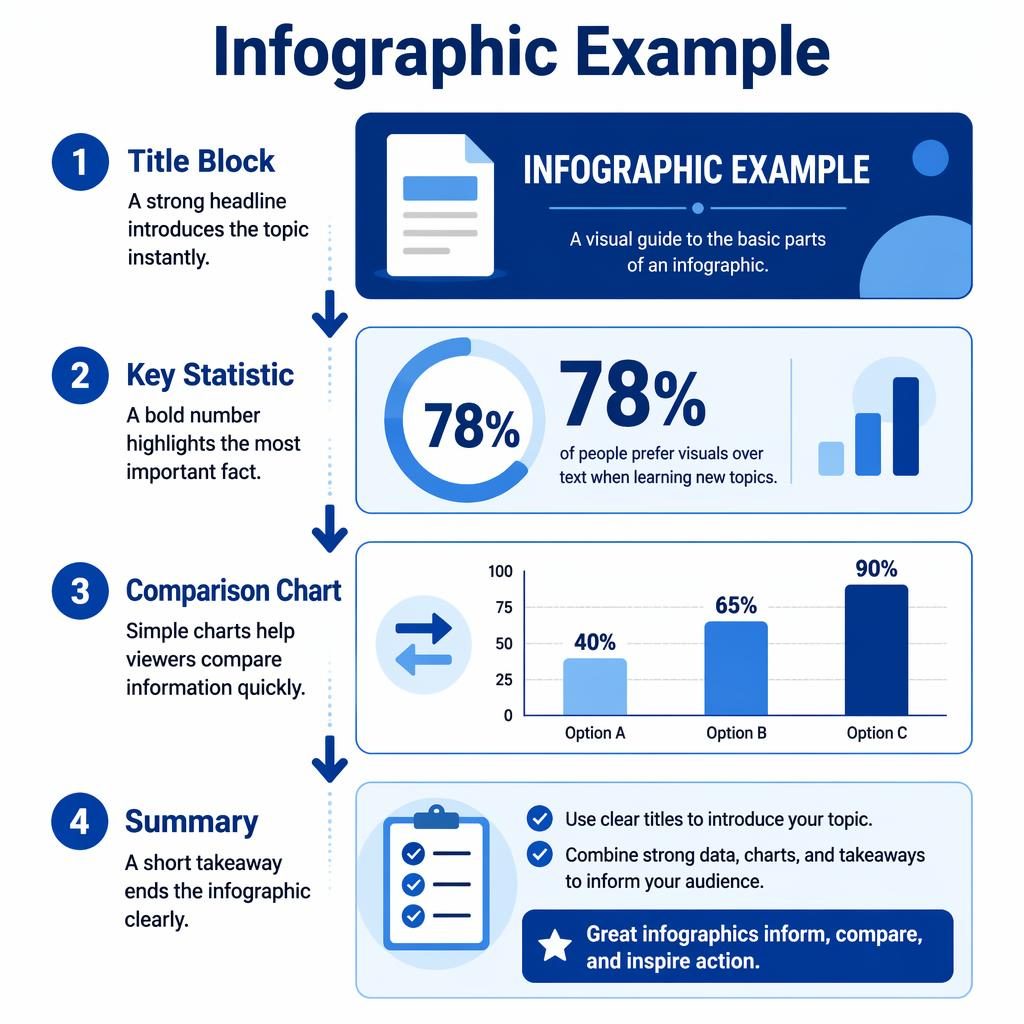 Pionowa infografika z 4 ponumerowanymi sekcjami, niebieskimi strzałkami, wykresem, statystyką i podsumowaniem.