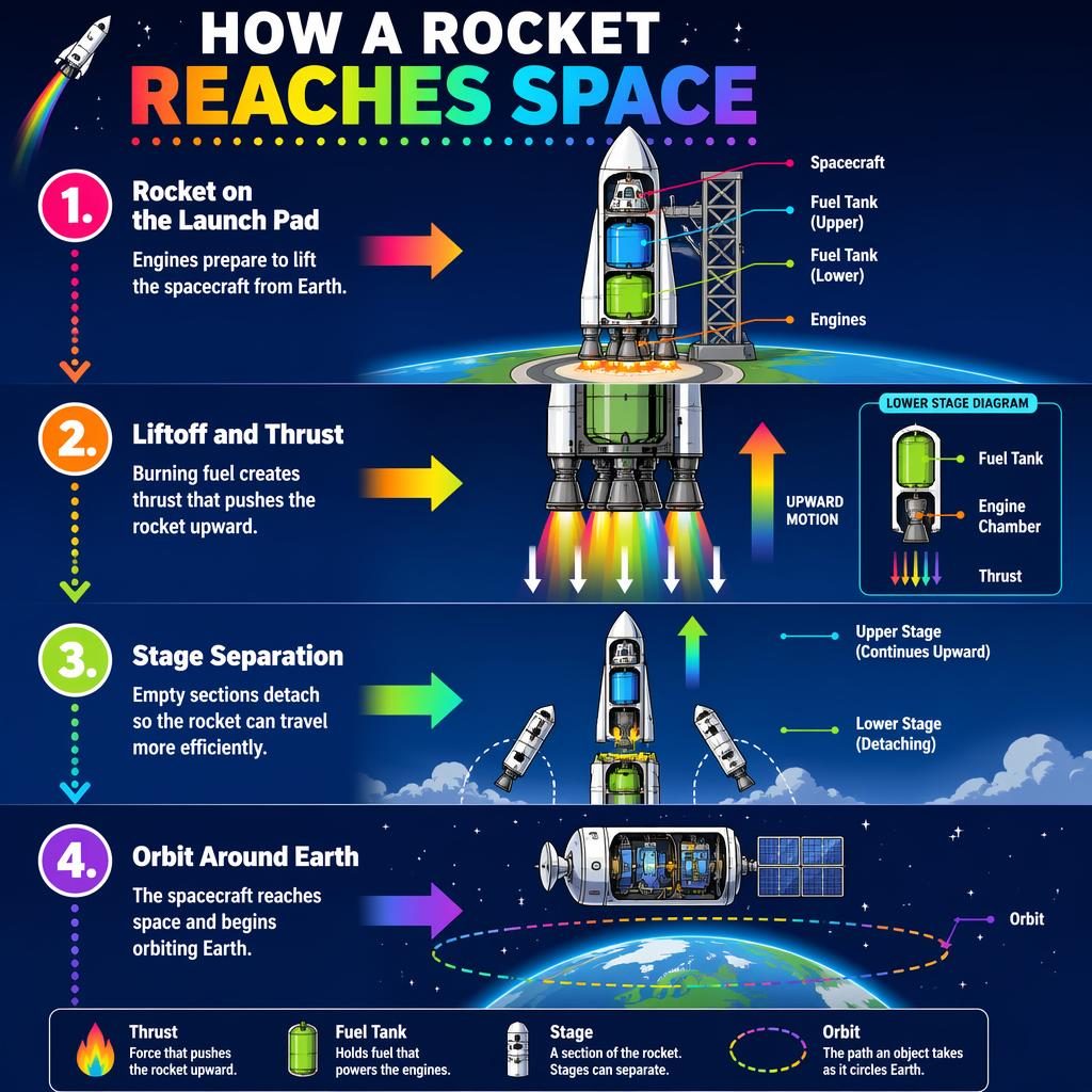Póster infográfico vertical de cohete en 4 pasos, con diagramas técnicos, flechas arcoíris y fondo azul espacial.