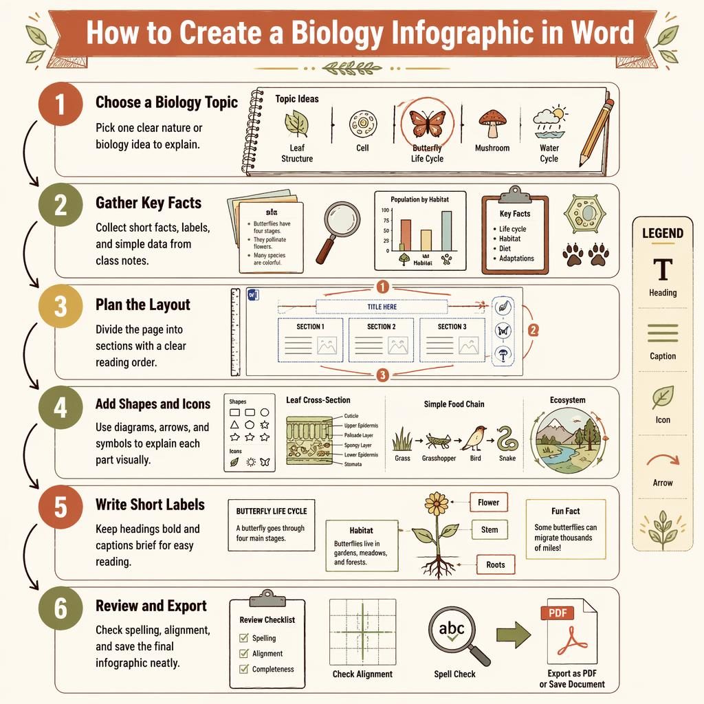 Póster infográfico vertical con 6 pasos numerados para crear una infografia en Word de biología, estilo pizarra.
