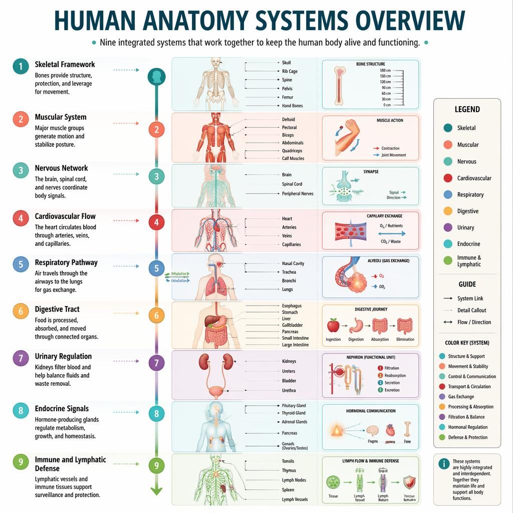 Portrait medical figma infographic poster showing 9 human anatomy systems with labeled diagrams, arrows, callouts, and legend.
