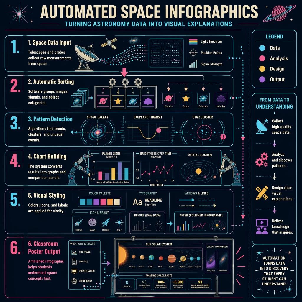 Portrait classroom poster with 6 numbered panels showing automated infographics from space data to final output.
