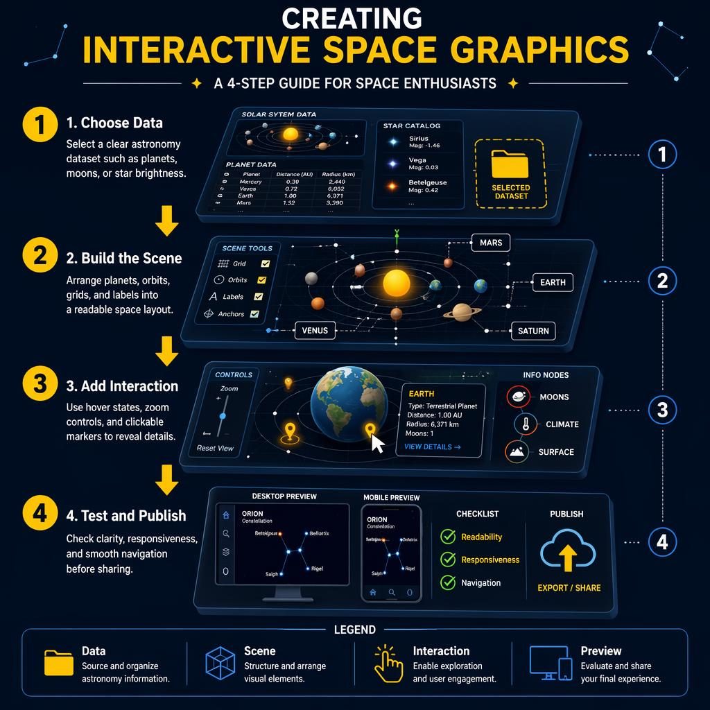 Hochformatige Space-Infografik mit 4 nummerierten isometrischen Schritten, gelben Pfeilen, Navy-Linien und Legende.