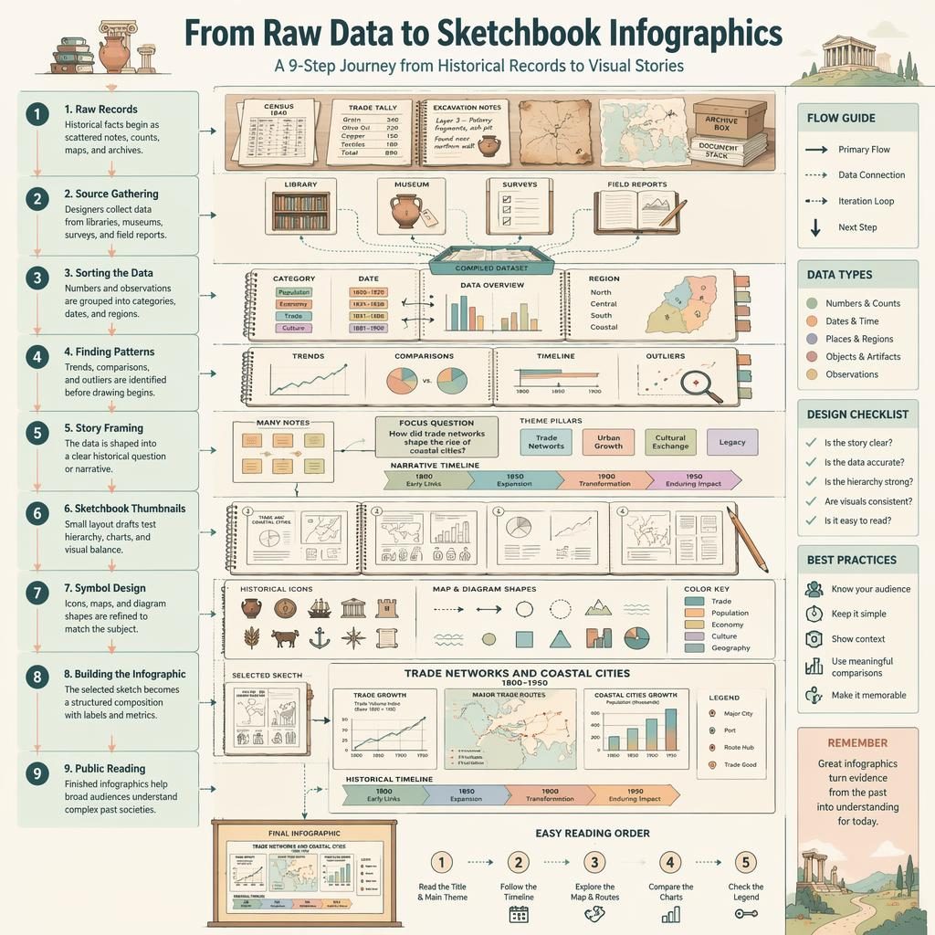 Portrait infographic poster with 9 connected steps from raw records to a finished public-reading infographic in pastel mint and peach.