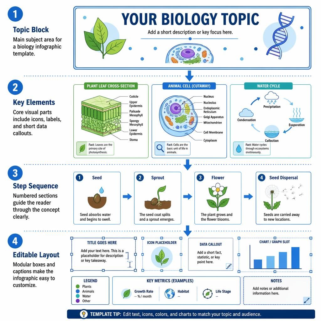 Póster infográfico de biología en formato vertical con 4 secciones numeradas, flechas azules, iconos de hoja, ADN, célula y ciclo.