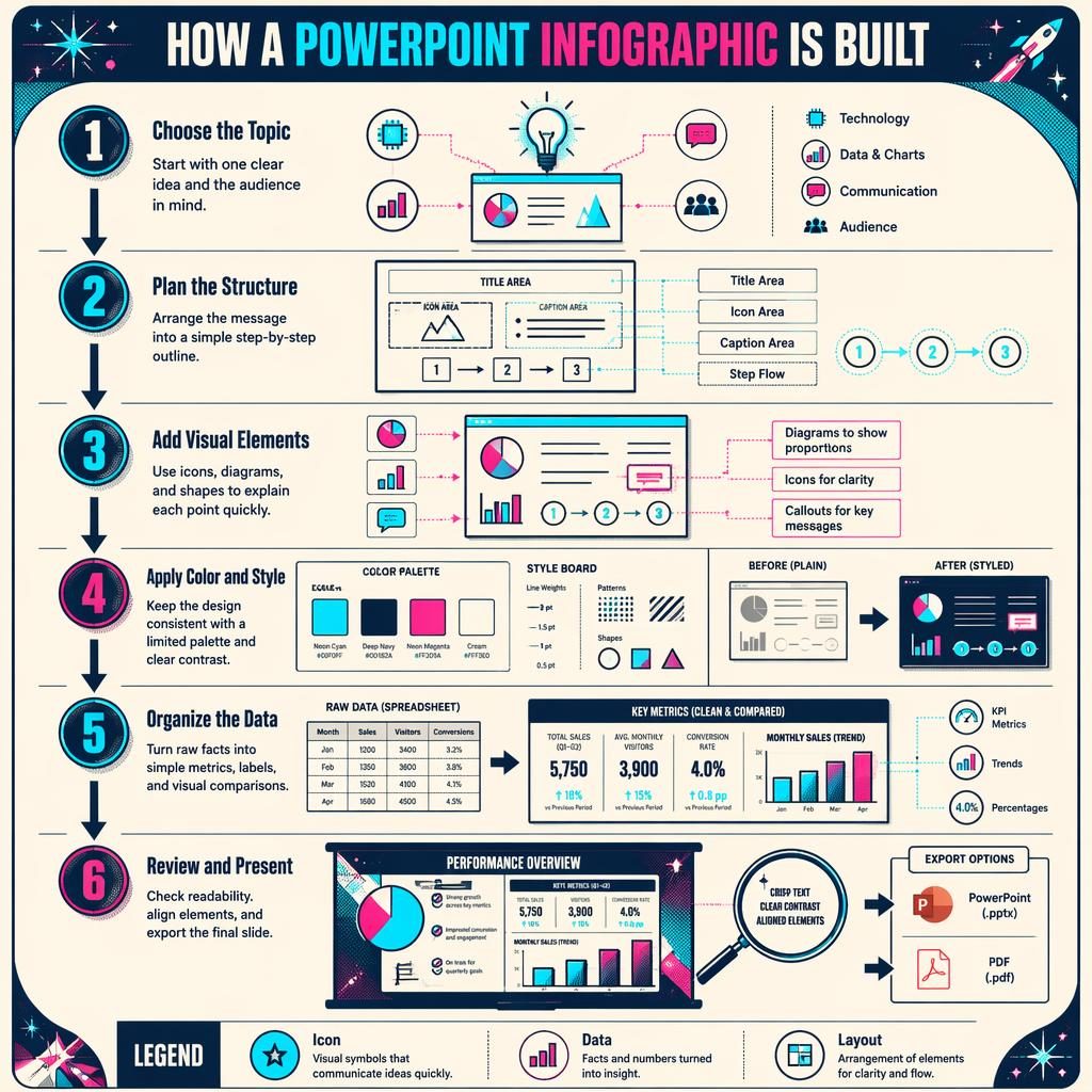 Portrait infographic poster showing a 6-step PowerPoint infographic workflow with arrows, icons, charts, legend, and retro tech styling.
