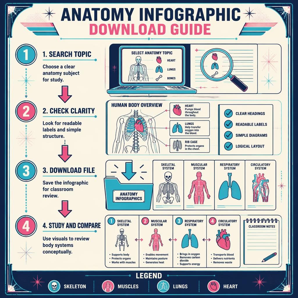 Póster infográfico vertical de anatomía con 4 pasos, flechas, iconos educativos y estilo retro neón cyan y magenta.