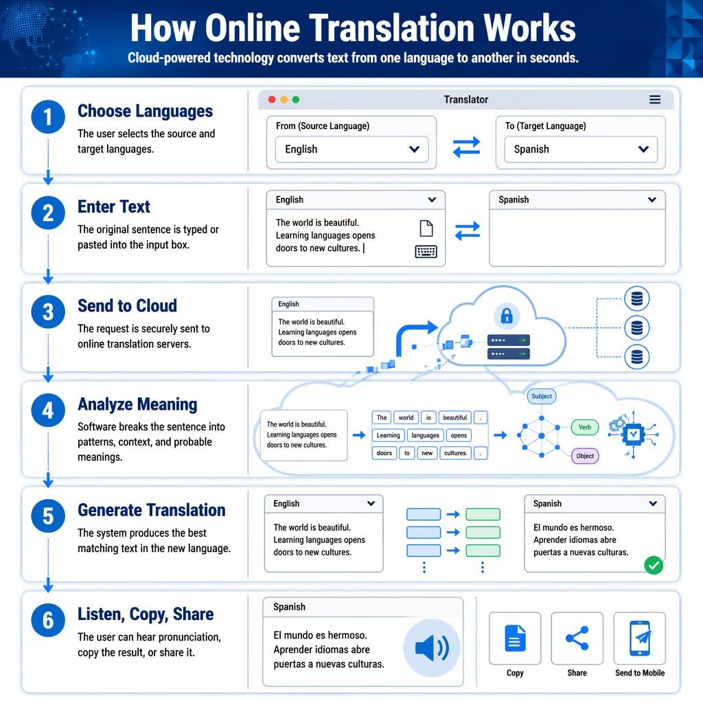 Minimalistische blauwe infographicposter met 6 verticale stappen over online vertalen in een generieke translator-interface.