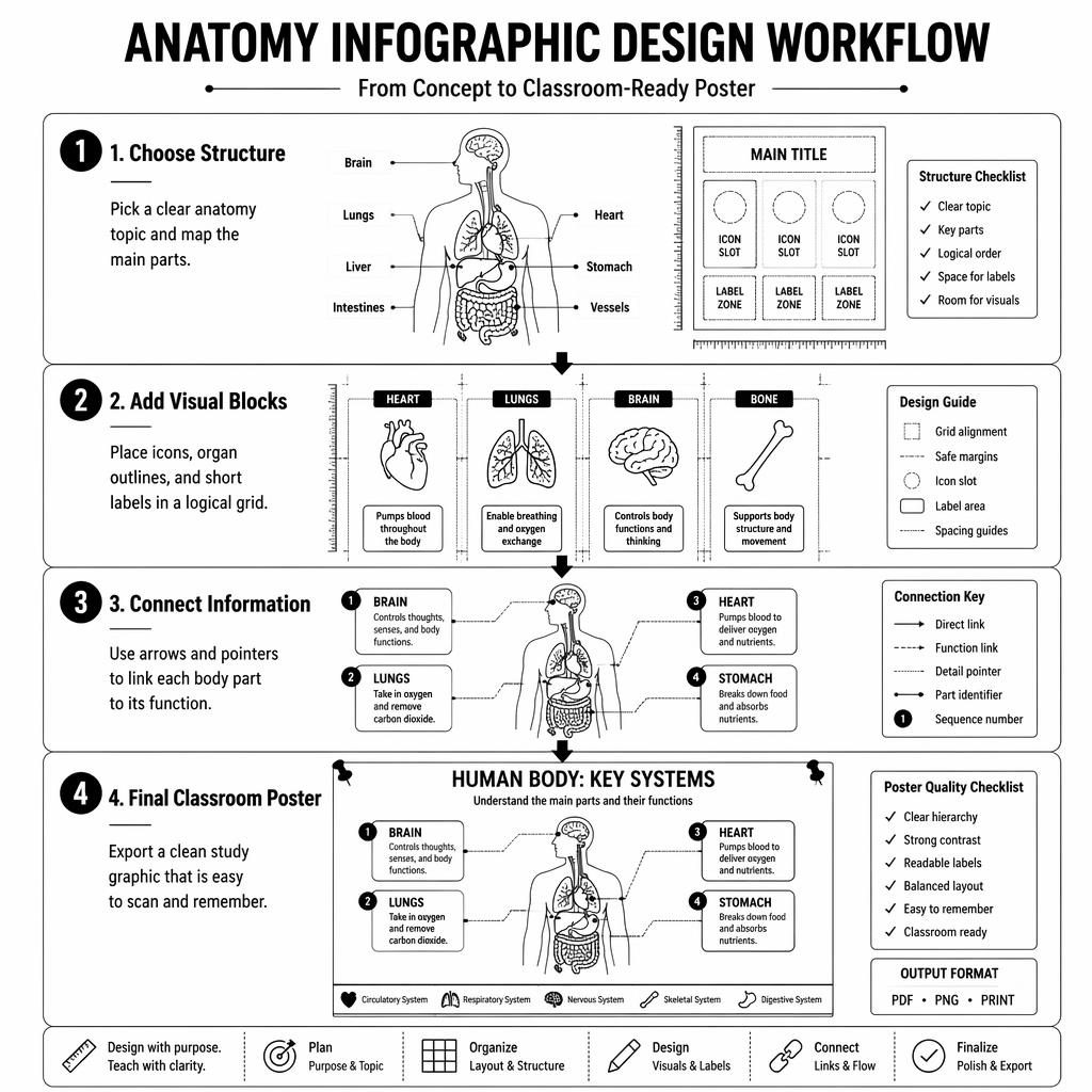 Black-and-white 4-step anatomy infographic workflow poster with torso diagram, icon grid, arrows, labels, and final poster mockup.
