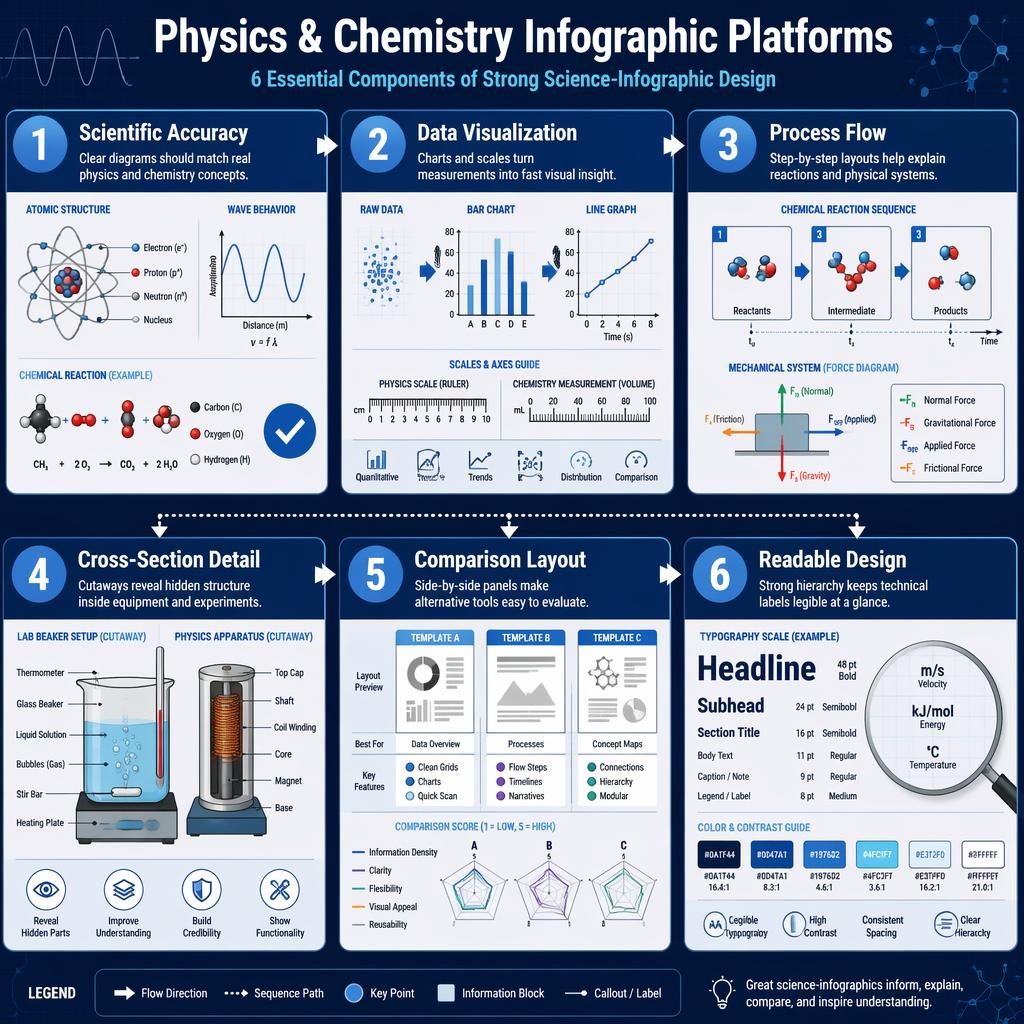 Landscape science infographic poster with 6 numbered panels on physics and chemistry design in a blue editorial style.