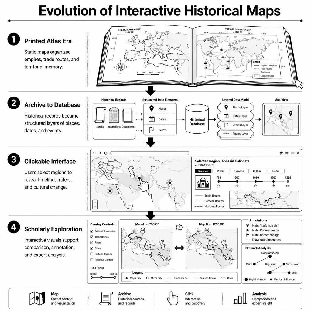 Black-and-white portrait clickable infographic showing 4 stages of interactive historical maps with arrows and UI panels.