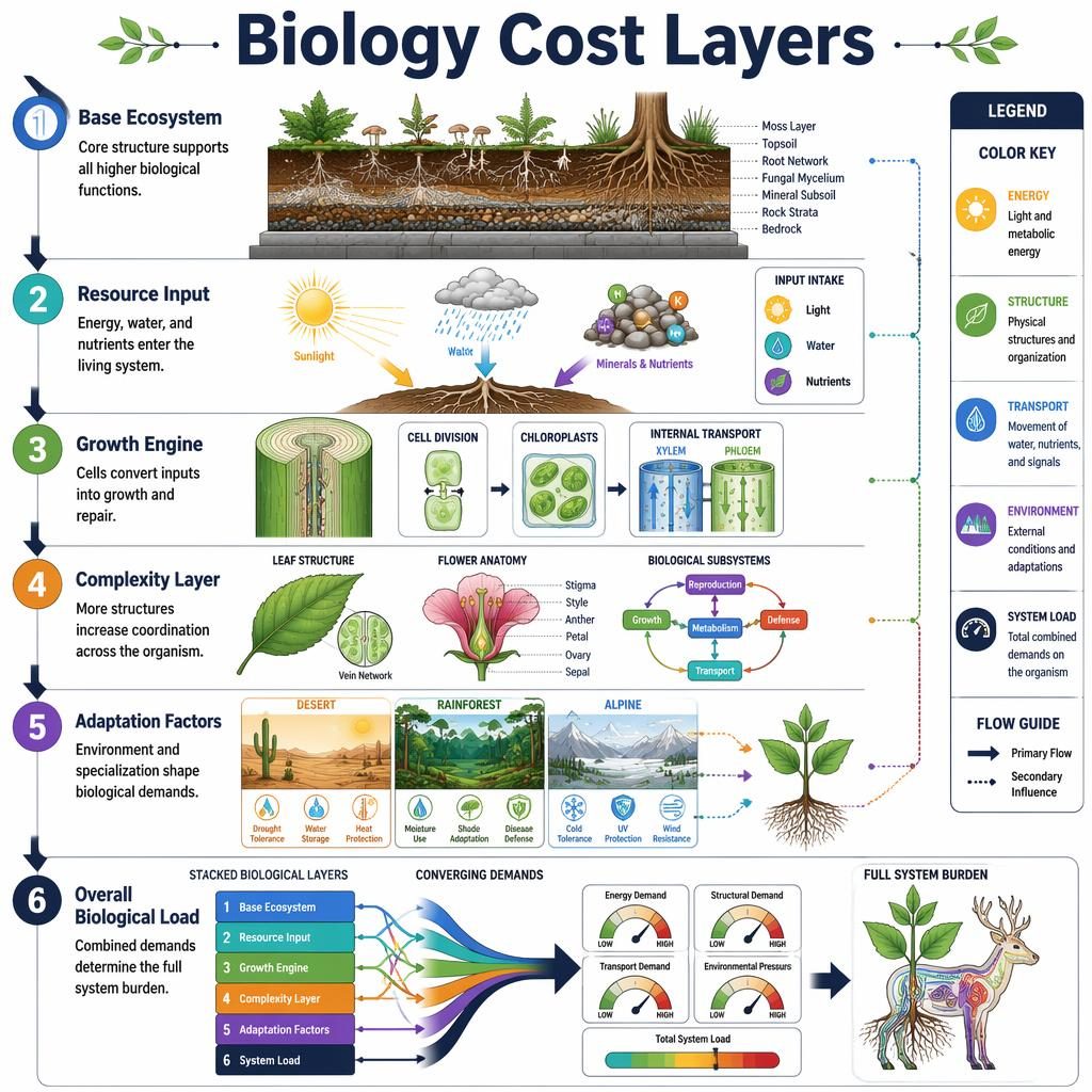 Portrait biology infographic with 6 numbered cutaway layers, arrows, legend, and English labels in a rainbow technical style.