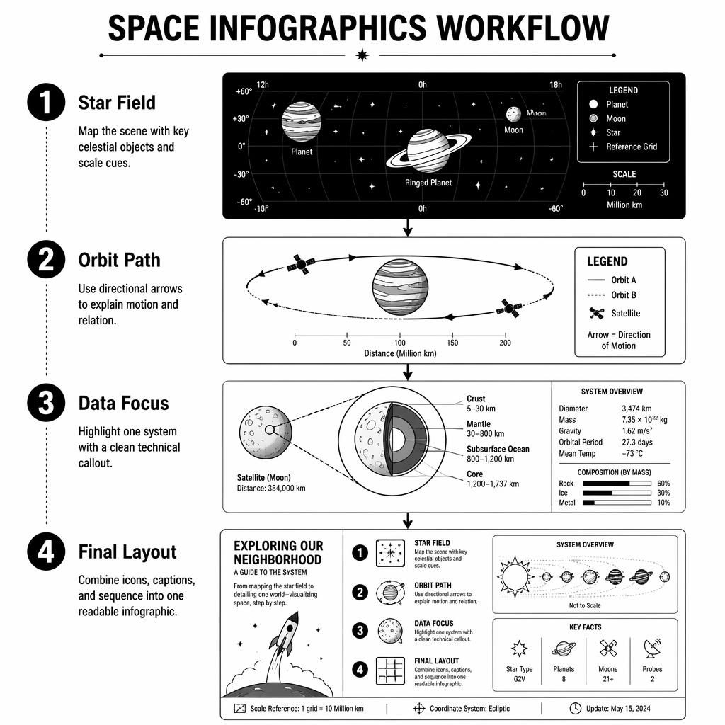 Black-and-white portrait space infographic with 4 numbered steps, orbital diagrams, callout zoom, arrows, and labels.