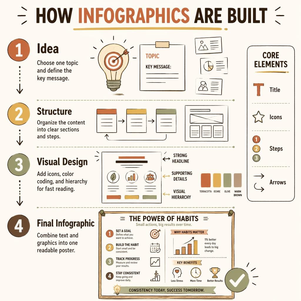 Portrait whiteboard-style infographic poster showing 4 steps: Idea, Structure, Visual Design, Final Infographic.