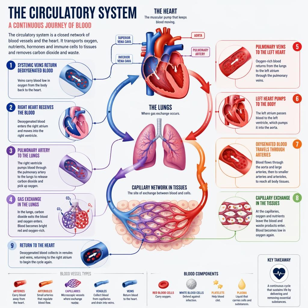 Infografía médica de anatomía con diagrama técnico en corte, paleta arcoíris, pasos numerados, flechas y etiquetas en inglés.
