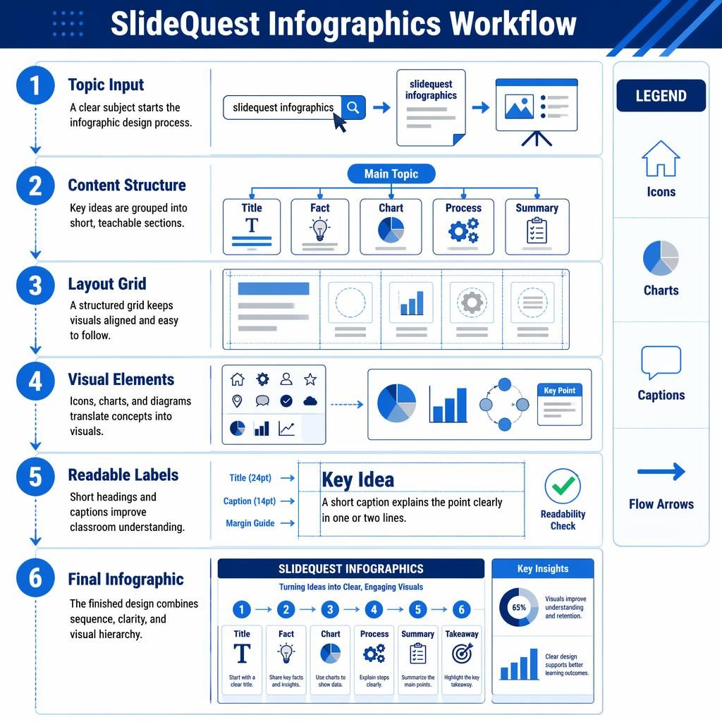 Portrait educational poster showing a 6-step SlideQuest infographics workflow in a blue vector infographic layout.