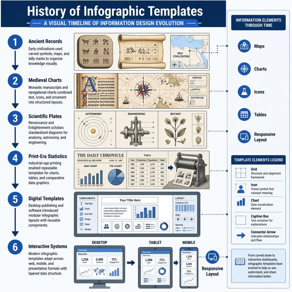 Portrait timeline infographic with 6 blue editorial stages tracing info graphics templates from ancient records to interactive systems.