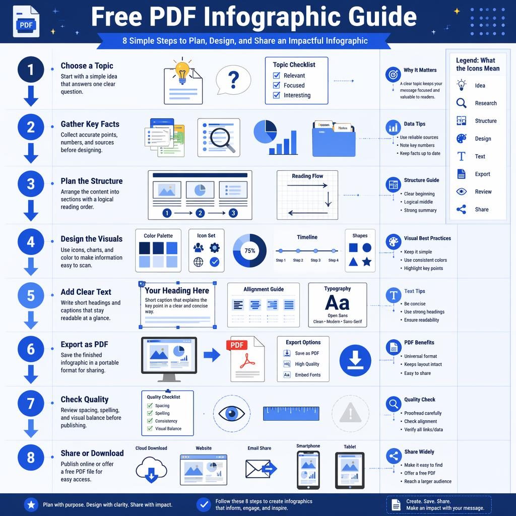 Póster infográfico vertical en azul con 8 pasos numerados, flechas, iconos, gráficos y texto en inglés.