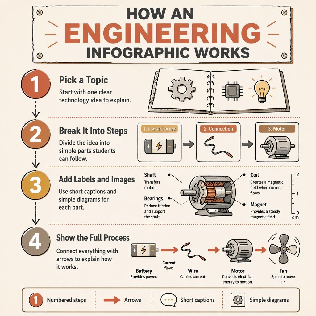 Portrait engineering infographic poster in whiteboard style with 4 numbered steps, arrows, diagrams, and bottom legend.